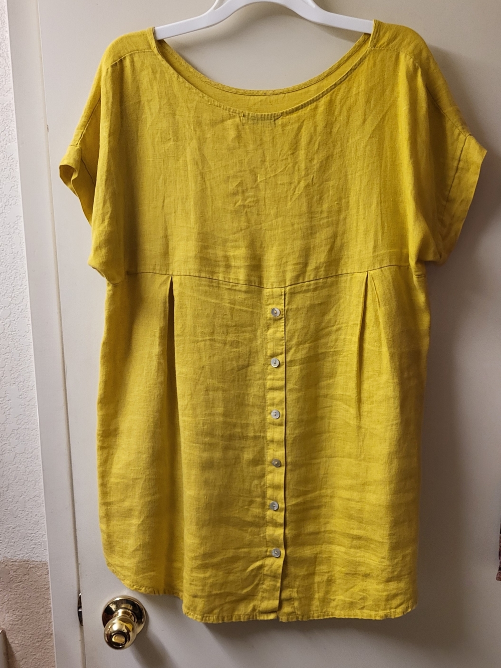 Terzo Millenio Yellow Linen High-Low Short Sleeve Blouse, Medium - Picture 2 of 7